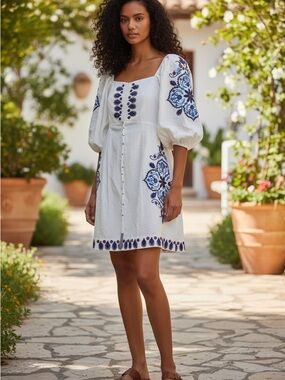 FARM Rio Off White Mini Dress with Blue Embroidered Motifs